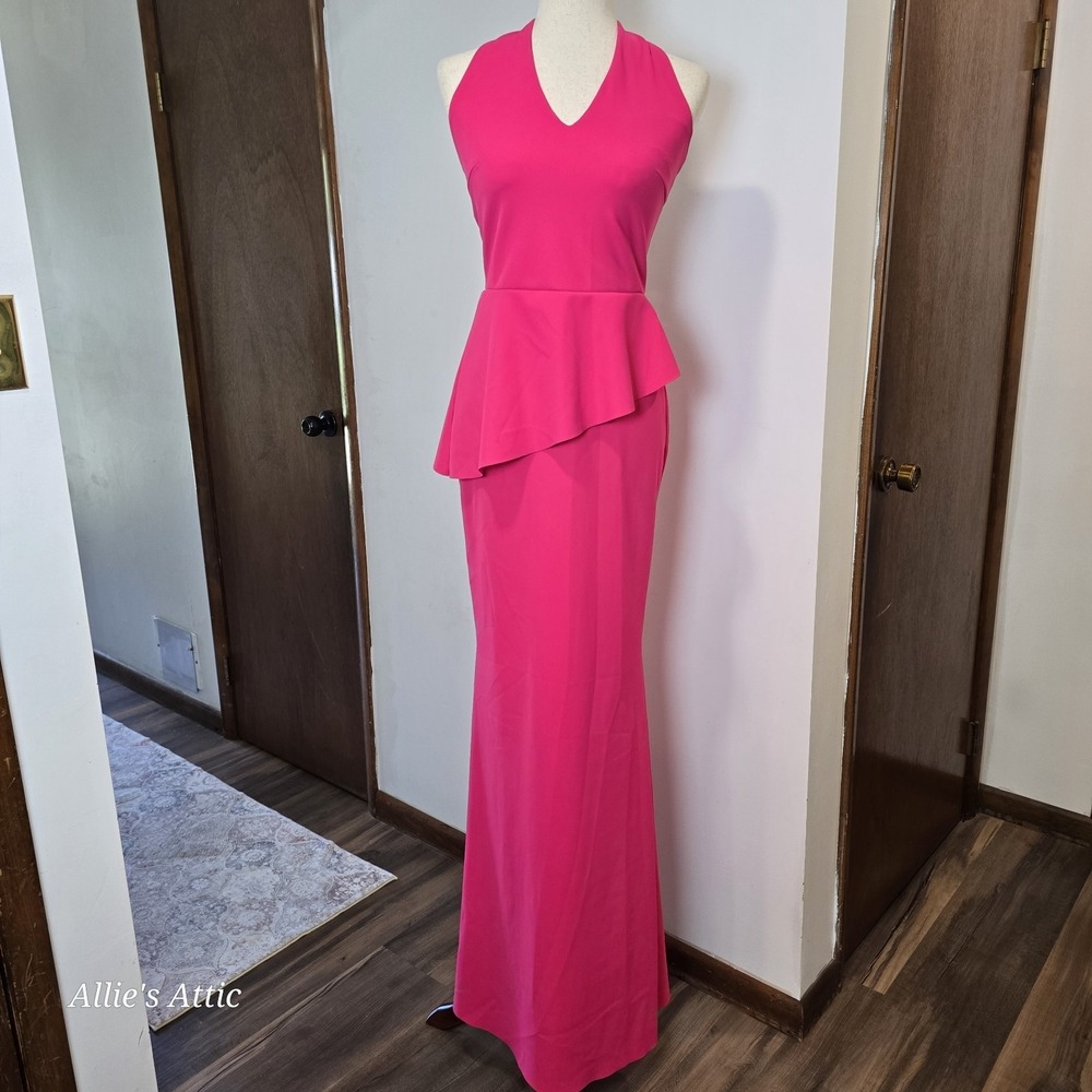 Chiara Boni Dress Hot Pink Evening Peplum Gown Long Size 8 Halter Italy NEW NWT